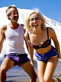 Elderly man in shorts stands in awe next to a young platinum blonde woman