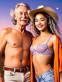 Adult models pose joyfully outdoors on a spaceship at dusk